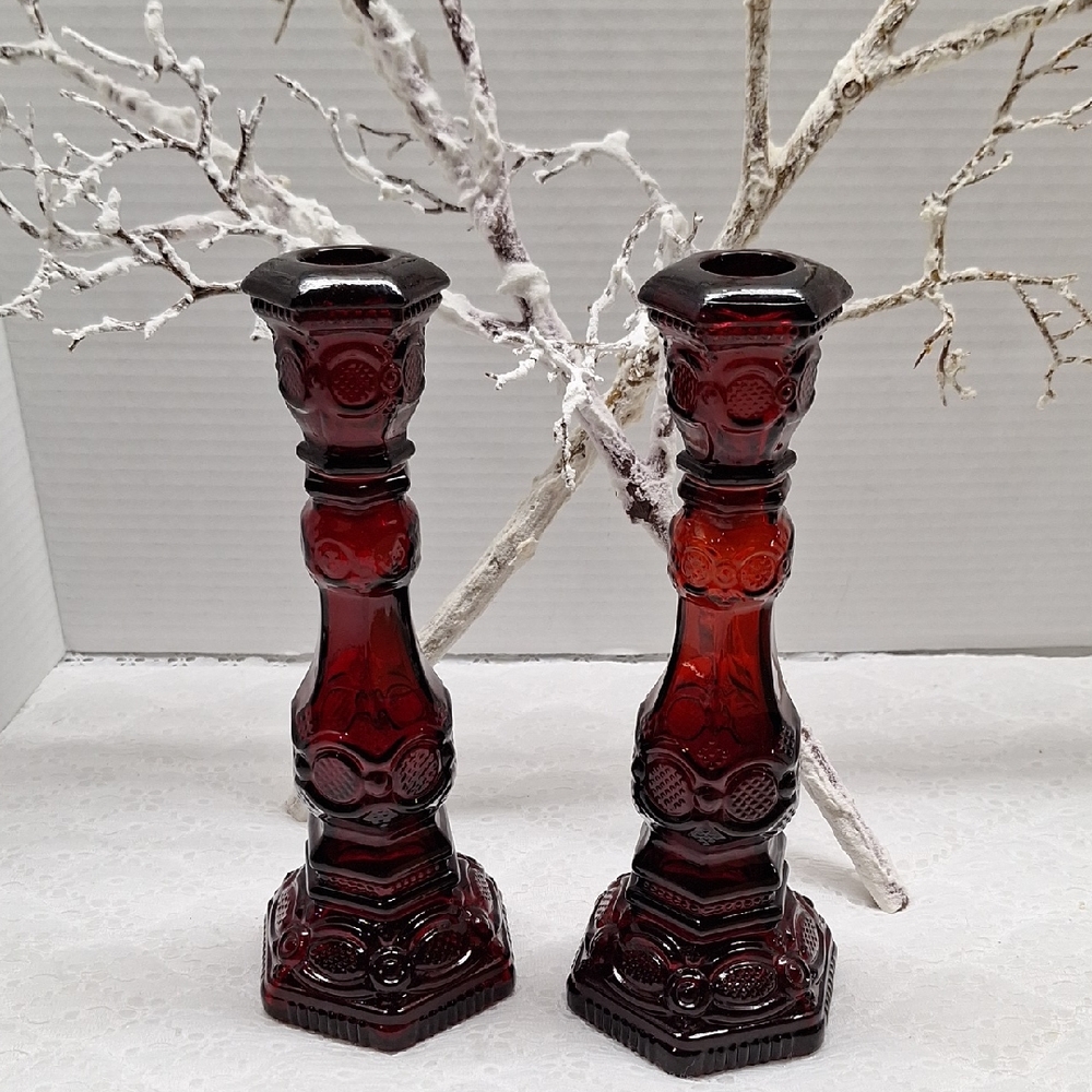 #ADO  Vintage Avon cape Cod Collection Ruby  Candlestick Holders Set Of 2